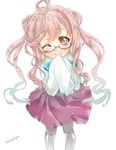  ;) ahoge bangs blush brown_eyes curly_hair double_bun glasses kantai_collection long_hair long_sleeves looking_at_viewer makigumo_(kantai_collection) neck_ribbon one_eye_closed oversized_clothes pantyhose pink_hair pleated_skirt ribbon school_uniform sidelocks skirt sleeves_past_fingers sleeves_past_wrists smile solo twintails twitter_username white_legwear zinnrikisya 