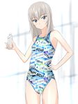  arena_(company) blue_eyes bottle breasts competition_swimsuit english girls_und_panzer highres itsumi_erika name_tag one-piece_swimsuit short_hair silver_hair small_breasts solo standing swimsuit takafumi 