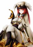  1girl arc_system_works banana blazblue blue_eyes blush boots breasts cape food fruit gloves hair_tubes hat inaba_sunimi long_hair red_hair simple_background sitting smile solo tsubaki_yayoi uniform 