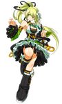  black_footwear black_ribbon boots breasts cleavage clenched_hand detached_sleeves elsword flower frills full_body green_eyes green_hair green_sleeves hair_flower hair_ornament hair_ribbon highres knee_boots large_breasts long_hair official_art pointy_ears ponytail rena_(elsword) ress ribbon smile solo transparent_background very_long_hair wind_sneaker_(elsword) 