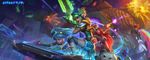  alternate_costume centaur cropped_jacket explosion glowing glowing_weapon gun hat hecarim league_of_legends licking_lips monster multiple_girls pixelated rainbow riven_(league_of_legends) sarah_fortune sona_buvelle su-ke sword tongue_out weapon 