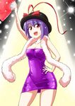  arm_up bare_arms breasts cleavage collarbone dress fan hand_on_hip hat hat_ribbon kousei_(public_planet) looking_at_viewer medium_breasts nagae_iku open_mouth purple_dress purple_hair red_eyes ribbon saturday_night_fever shawl short_dress smile solo stage_lights strapless strapless_dress touhou 