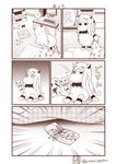  1girl 3koma ? air_conditioner all_fours breaking broken comic commentary computer controller cushion desk dress emphasis_lines fan futon game_controller half-closed_eyes highres horns hot kantai_collection keyboard_(computer) mittens monitor monochrome moomin mouse_(computer) muppo northern_ocean_hime paper_fan remote_control sazanami_konami sitting sleeveless sleeveless_dress solo spoken_object spoken_question_mark sweat tail television translated twitter_username uchiwa visible_air zabuton 