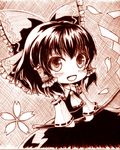  blush bow cherry_blossoms chibi detached_sleeves gohei hair_bow hair_tubes hakurei_reimu haraegushi monochrome oonusa open_mouth petals solo touhou yuran_(kuen-hien) 