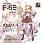  acea4 animal_ears blonde_hair f-5_freedom_fighter headgear mecha_musume military original personification purple_eyes smile solo tail thighhighs tiger_ears tiger_tail waving 
