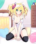  black_panties blonde_hair blush breasts cleavage green_eyes hacka_doll hacka_doll_1 hair_ornament highres large_breasts looking_at_viewer mijinko_(rioriorio) panties pillow sitting smile solo strap_slip thighhighs twintails underwear 