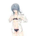  1girl adjusting_bra adjusting_clothes bangs black_panties bow bow_bra bow_panties bra breasts cowboy_shot dress_shirt dressing eyebrows_visible_through_hair gluteal_fold grey_eyes grey_hair indoors katahama lace lace-trimmed_bra long_sleeves looking_down medium_hair navel no_pants open_clothes open_shirt original panties shirt simple_background small_breasts solo standing thighs unbuttoned_sleeves underwear white_background white_shirt work_in_progress 