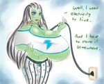  blue_eyes breasts cleavage electricity frankie_stein gigantic_breasts green_skin jcdr looking_at_viewer monster_high stitches wide_hips 