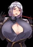  :p after_paizuri alternate_color breasts button_gap cleavage covered_nipples cum cum_on_body cum_on_breasts cum_on_upper_body ejaculation gigantic_breasts glasses highres kantai_collection katori_(kantai_collection) kloah looking_at_viewer open_clothes pink_eyes riding_crop short_hair silver_hair solo tongue tongue_out 