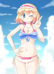  alice_margatroid arnest bikini blonde_hair blue_eyes breasts cleavage layered_bikini medium_breasts navel one_eye_closed short_hair side-tie_bikini smile solo swimsuit touhou v 