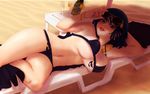  alcohol beach bikini black_hair bracelet breasts champagne fubuki_(one-punch_man) green_eyes jewelry large_breasts looking_at_viewer lying on_side one-punch_man short_hair smile solo soumakyo sunglasses swimsuit thighs underboob 