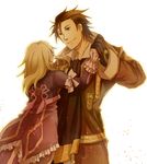  1girl alvin_(tales) asaya-bigun blonde_hair brown_eyes brown_hair coat dancing elize_lutus gloves long_hair short_hair tales_of_(series) tales_of_xillia 