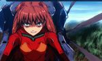  blue_eyes blue_sky bodysuit breasts brown_hair clenched_teeth cockpit crazy_grin day evil_grin evil_smile forest grin headgear looking_at_viewer nature neon_genesis_evangelion plugsuit skin_tight sky small_breasts smile souryuu_asuka_langley teeth tree upper_body 