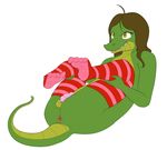  2015 4_toes alligator anthro anus balls chastity chastity_cage clothing dr_zombie feet girly invalid_tag legs_up legwear male paws presenting reptile russ scalie simple_background smile socks solo striped_legwear striped_socks stripes thigh_highs toes white_background 