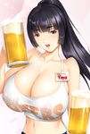  alcohol beer beer_mug black_hair breasts covered_nipples cup dragon@harry highres holding holding_cup hooters huge_breasts long_hair looking_at_viewer name_tag ponytail purple_eyes see-through smile solo tank_top waitress 