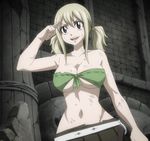  1girl blonde_hair breasts brown_eyes cleavage dirty fairy_tail female happy_face highres large_breasts long_hair lucy_heartfilia navel open_mouth screencap solo standing stitched underboob 