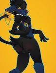  anthro balls black_fur blue_fur blush butt collar from_behind fur looking_back luxray nintendo nude obakawaii pok&eacute;mon simple_background solo standing video_games yellow_eyes 