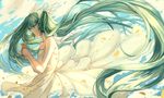  absurdly_long_hair floating_hair flower from_side green_eyes green_hair hatsune_miku highres kazenemuri long_hair solo twintails very_long_hair vocaloid 