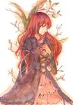  alternate_hair_color bad_id bad_pixiv_id color_ink_(medium) dress gradient_hair graphite_(medium) highres hijiri_byakuren layered_dress leaf long_hair multicolored_hair purple_hair red_eyes red_hair solo sor_(mens0011) touhou traditional_media tree 