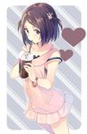  black_hair bracelet bunny_hair_ornament casual coffee_cup cup disposable_cup drink drinking_straw hair_ornament heart hood hood_down hoodie jewelry natasha_(pommier) original purple_eyes short_hair skirt sleeveless sleeveless_hoodie solo strap_slip two_side_up 