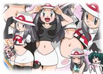  blue_(pokemon) cosplay gradient gradient_background grey_hair hainchu imite_(pokemon) multiple_girls navel nintendo pokemon skirt team_rocket_(cosplay) thighhighs 