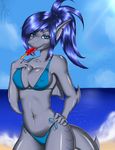  anthro beach bikini blue_eyes blue_hair breasts cleavage clothed clothing doomthewolf ear_piercing eyelashes female fish grey_skin hair hand_on_breast hand_on_hip licking looking_at_viewer marine navel nipple_bulge notched_ear outside piercing popsicle sally_(doomthewolf) sand seaside shark sharp_teeth shiny skimpy slit_pupils smile solo standing stripes swimsuit teeth tongue tongue_out 