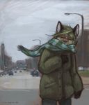  2004 canine clothed clothing coat cold fox hair lisa_payne mammal scarf street street_scene 