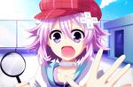  absurdres cabbie_hat d-pad d-pad_hair_ornament hair_ornament hat highres looking_at_viewer magnifying_glass neptune_(choujigen_game_neptune) neptune_(series) open_mouth planeptune purple_hair short_hair solo 