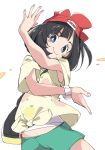  bag beanie black_hair blue_eyes closed_mouth commentary_request green_shorts handbag hat ixy mizuki_(pokemon) pokemon pokemon_(game) pokemon_sm red_hat shirt short_hair short_sleeves shorts simple_background smile solo tied_shirt white_background z-move 