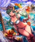  apple arm_support banana beach bendy_straw bikini blue_eyes bracelet breasts choker cleavage cleavage_cutout coconut company_name cross-laced_legwear drinking_straw fairy_wings flower food fruit fruit_bowl fruit_cup green_hair hat hat_flower highres jewelry large_breasts lee_hyeseung long_hair looking_at_viewer martini navel off_shoulder orange outdoors pineapple pointy_ears shingeki_no_bahamut shiny shiny_skin sitting smile solo string_bikini sun_hat swimsuit thigh_gap tropical_drink watermark white_bikini wings 