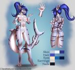  2015 anthro areola big_breasts blue_background blue_eyes blue_hair blue_scales blue_stripes breasts butt doomthewolf ear_piercing english_text female fin fish front_view grey_scales hair long_tail looking_at_viewer marine markings model_sheet multicolored_scales nipples nude piercing pointy_ears pussy rear_view sally_(doomthewolf) shark simple_background solo standing stripes text webbed_hands white_scales white_sclera 