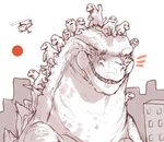  aircraft ambiguous_gender city eyes_closed godzilla godzilla_(series) helicopter iguanamouth open_mouth proud riding_on_head scalie sharp_teeth sky smile sun teeth waving young 