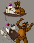  anactualsalamander angry animatronic anthro bear bow_tie brown_body computer cupcake_(fnaf) five_nights_at_freddy&#039;s freddy_(fnaf) hat machine male mammal open_mouth robot solo table_flip teeth top_hat video_games 