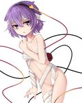  :o arai_togami bags_under_eyes bandaged_head bandages breasts commentary_request covering covering_breasts disdain highres komeiji_satori naked_bandage purple_eyes purple_hair short_hair small_breasts solo third_eye touhou underboob v-shaped_eyebrows 