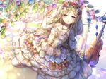  bare_shoulders blonde_hair blue_eyes blush bow_(instrument) dress elbow_gloves flower frills gloves instrument long_hair meyukichi original solo thighhighs veil violin 