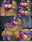  animatronic anthro barefoot bear bonnie_(fnaf) bow chubby comic drooling edgar_mcmillan english_text eyes_closed five_nights_at_freddy&#039;s freddy_(fnaf) french_kissing fronnie half-closed_eyes hat kissing lagomorph long_ears lying machine male male/male mammal nude on_back on_floor on_top open_mouth rabbit raised_leg robot saliva smile teeth text tongue tongue_out video_games 
