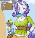  2015 anthro anthrofied blue_eyes cleavage clothed clothing dragon duo english_text equine eyeshadow female friendship_is_magic green_hair hair horn makeup male mammal my_little_pony necklace outside rarity_(mlp) rirouku sign spike_(mlp) text unicorn 