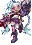  1girl aya_(547972106) belt blue_hair boots braid chibi gloves jinx_(league_of_legends) league_of_legends pink_eyes simple_background single_thighhigh solo tattoo twin_braids weapon weapons 