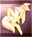  anthro artist_request blonde_hair border breasts canine female fox fur furry gradient gradient_background hair hazukikai kemono long_hair mammal nipples nude open_mouth solo tounge tuft wolf 