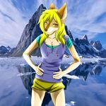  arkbeast_(artist) blonde_hair breasts canine cleavage clothed clothing detailed_background ear_piercing female hair looking_at_viewer mammal mia_(character) necklace photo_background piercing shorts small_breasts solo yellow_eyes 