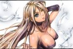  blonde_hair blue_eyes breasts capcom choker cleavage devil_may_cry feathers long_hair looking_up lowres taro_(artist) trish trish_(devil_may_cry) wink 