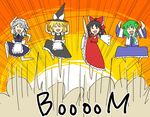  :d black_hair blonde_hair braid chibi commentary_request detached_sleeves explosion green_hair grey_hair hakurei_reimu hanjuku_tomato hat izayoi_sakuya japanese_clothes kirisame_marisa kochiya_sanae multiple_girls open_mouth pose smile touhou twin_braids witch_hat 