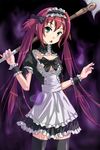  airi_(queen's_blade) breasts cleavage green_eyes long_hair lou_(battle32) maid medium_breasts queen's_blade red_hair ribbon scythe solo thighhighs twintails zettai_ryouiki 