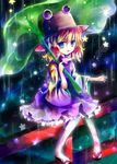  bad_id bad_pixiv_id blonde_hair blue_eyes colorful eyes hat kazu_(muchuukai) leaf leaf_umbrella moriya_suwako rain ribbon short_hair solo touhou 