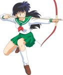  1girl aiming arrow black_hair bow_(weapon) brown_eyes highres higurashi_kagome inuyasha legs loafers long_hair marksman miniskirt pleated_skirt school_uniform shoes simple_background skirt socks weapon white_legwear 