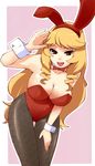  animal_ears bent_over blonde_hair breasts brown_eyes bunny_ears bunnysuit cleavage drill_hair fishnet_pantyhose fishnets large_breasts momo_(fruits_box) oozora_kiku otenki_studio pantyhose salute solo 