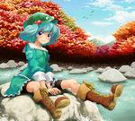  bad_id bad_pixiv_id blue_eyes blue_hair boots hair_bobbles hair_ornament hat kawashiro_nitori key leather leather_boots matsutani river rock scenery short_hair sitting_on_rock solo touhou twintails two_side_up 