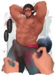  1boy abs absurdres animal_ears armpits arms_behind_head bara beard black-framed_eyewear black_hair blurry blurry_foreground blush breath bulge crow_(siranui) cum cum_in_clothes cum_through_clothes dark-skinned_male dark_skin dog_boy dog_ears dog_tail erection erection_under_clothes facial_hair glasses grey_shorts highres large_pectorals looking_at_viewer male_focus mature_male muscular muscular_male navel nipples original pectorals pov precum short_hair shorts stomach sweatdrop tail tail_raised thick_thighs thighs topless_male translation_request twitching_penis veins 