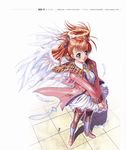  amamiya_yuu angel angelium blue_eyes feathers hair_ribbon halo hands_clasped high_heels highres jacket orange_hair own_hands_together plaid ribbon scan shoes smile solo thighhighs twintails wind wings yokota_mamoru zettai_ryouiki 