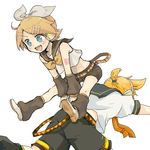  1girl blonde_hair blue_eyes blush brother_and_sister hair_ornament hair_ribbon hairclip headphones jumping kagamine_len kagamine_rin leap_frog lowres naoto_(sakurai) ribbon short_hair shorts siblings simple_background smile twins vocaloid 